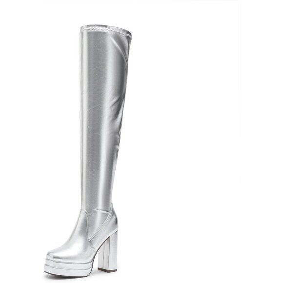 Women's Silver Polyurethane (PU) Square Toe Over The Knee Thigh High Boots - Picture 1 of 7